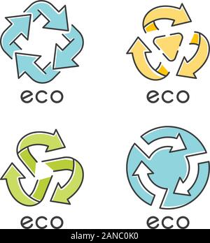 Des éco-labels blue color icons set. Flèches de signalisation. Recycler des symboles. L'énergie alternative. Emblèmes de la protection de l'environnement. Les produits biologiques. Eco friendly c Illustration de Vecteur