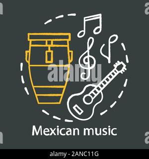 La musique mexicaine concept craie icône. Son acoustique Latino party. Mariachi band instruments. Drum, guitare, les symboles musicaux idée. Chalkboa isolés vecteur Illustration de Vecteur