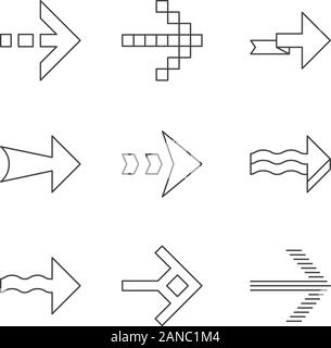 Linéaire flèches icons set. Ondulé, pixel, pliage, rayé, flèches en pointillés prochaine. Signe de l'indicateur. Les flèches pointant vers la droite. Fine ligne contour des symboles. Isol Illustration de Vecteur