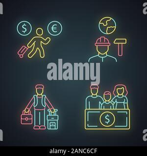 Les immigrants neon light icons set. Les migrants économiques, le parrainage de l'immigration. Emploi pour les immigrants. Les émigrants, réfugiés. Voyageant à l'étranger. Glowing Illustration de Vecteur