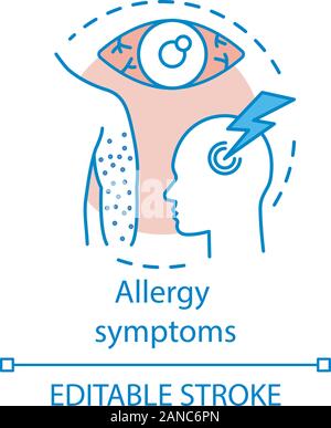 Des symptômes d'allergie concept icône. Les réactions de l'organisme aux allergènes idée fine ligne illustration. Une éruption cutanée, urticaire, la conjonctivite allergique, la migraine. Vecto Illustration de Vecteur