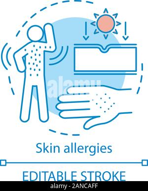 Concept Les allergies de la peau. Rash, urticaire, dermatite de contact idée fine ligne illustration. La lumière du soleil, de l'alimentation, les médicaments, les piqûres d'une réaction allergique. Illustration de Vecteur