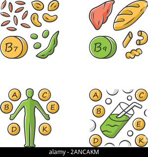 Couleur vitamines icons set. B1, B9 alimentation naturelle. Complexe de vitamines, cocktail. Les noix, les produits à base de farine. Une bonne nutrition. Alimentation saine. Les soins de santé. Min Illustration de Vecteur