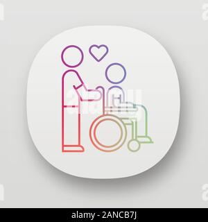 Les personnes à mobilité réduite aide icône de l'application. La responsabilité de bénévoles handicapés. Homme porte non valide dans le fauteuil roulant. UI/UX interface utilisateur. Applic mobile ou Web Illustration de Vecteur