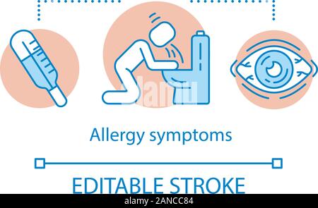 Des symptômes d'allergie concept icône. Les réactions de l'organisme aux allergènes idée fine ligne illustration. La fièvre, des vomissements, la conjonctivite allergique. Des problèmes de santé. Illustration de Vecteur