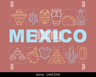 Mexique concepts mot bannière. Attractions touristiques du Mexique, de l'alimentation, la musique, les vêtements, les vacances. Présentation, site web. Typographie lettrage isolés idée avec linea Illustration de Vecteur