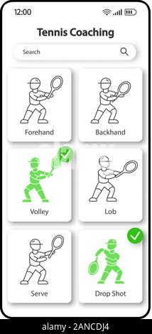 Outil de formation de tennis smartphone interface vector modèle. Page de l'application Mobile design couleur Mise en page. La pratique de joueur balle qui frappe l'écran. UI d'un linéaire Illustration de Vecteur