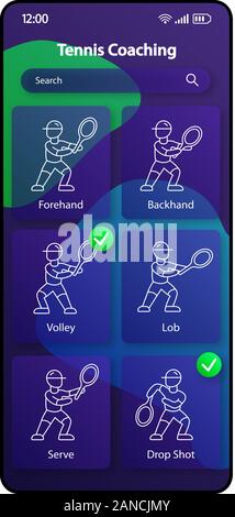Coaching Tennis smartphone interface logiciel modèle de scénario. Page de l'application Mobile design couleur Mise en page. Joueur de tennis de l'écran de formation. L'ASSURANCE-CHÔMAGE pour linéaire appli Illustration de Vecteur
