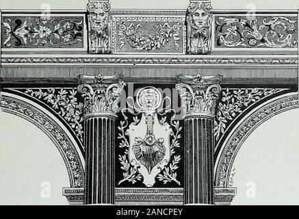 Le nouvel hôtel de ville de Paris, 1872-1900 . C A L 1 ; KIE LOBAI FRAGMENT.DF. DÉCORATION.. GRANDE SALLE A MANGER.DÉTAILS dornementation. XIII LA GRANDE SALLE A MANGERLES SALONS DE PASSAGE La Grande salle à manger est une vaste pièce rectan-gulaire, de i8 mètres de longueur, sur i3 mètres de largeur, et82o délévation, éclairée par quatre fenêtres sur la placeLobau. Les murs, lambrissés en bois de chêne, de ton naturel,sont percés de baies plein cintre, quatorze, séparées, sur lesfaces est et ouest, par deux colonnes en bois, dordre compo-site, mi-parti au fût cannelé, rond, orné de bagues et Banque D'Images