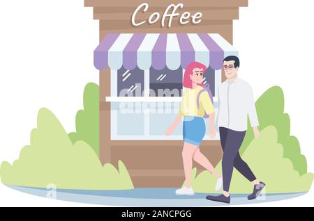 Couple walking on street télévision illustration. Petit ami et petite amie à booth café personnages isolés. Décrochage du marché du café, kiosque, café. Co Illustration de Vecteur