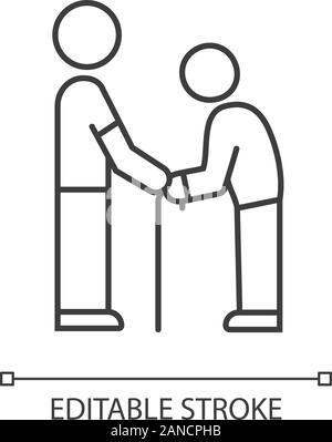 Aider les personnes âgées. L'icône linéaire La responsabilité des bénévoles pour les personnes âgées. Il occupe également des hommes par les mains. Fine ligne illustration. Symbole de contour. Vecteur est Illustration de Vecteur