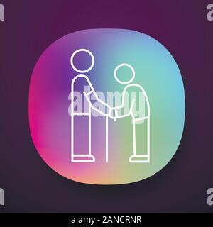 Les personnes âgées aider icône de l'application. La responsabilité des bénévoles pour les personnes âgées. S'occuper de parents âgés. Tenir l'homme par les mains des cadres supérieurs. UI/UX interface utilisateur. Web o Illustration de Vecteur