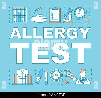 Test allergie concepts mot bannière. Le diagnostic des réactions allergiques. Symptômes d'analyse en laboratoire. Présentation, site web. Lettrage typographie id isolés Illustration de Vecteur