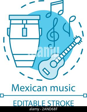 La musique mexicaine concept icône. Son acoustique Latino party. Mariachi band instruments. Drum, guitare, les symboles musicaux idée fine ligne illustration. Vector Illustration de Vecteur