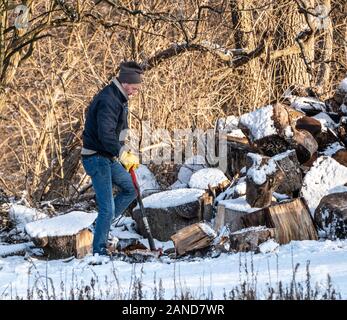 Berks County, California, USA : 8 Janvier 2020 : l'homme la coupe de bois de chauffage on snowy jour froid en hiver Banque D'Images