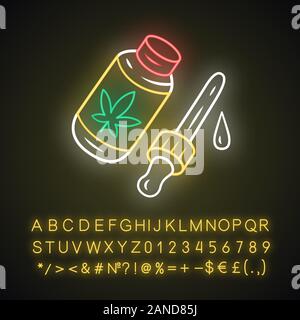 L'huile de l'icône de la CDB au néon. Produit de mauvaises herbes. L'industrie du cannabis. Les utilisations médicales de la ganja. La distribution et la vente de chanvre. L'usage de drogues. Signe rougeoyant avec alphabet, num Illustration de Vecteur