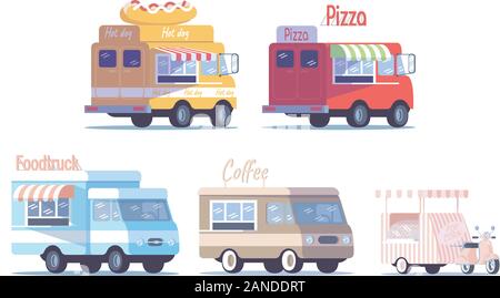 Street food trucks télévision illustrations vectorielles. Repas à emporter prêt de véhicules. Restaurant, café sur roues. Voitures à vendre des hot dogs, pizza, café, Illustration de Vecteur