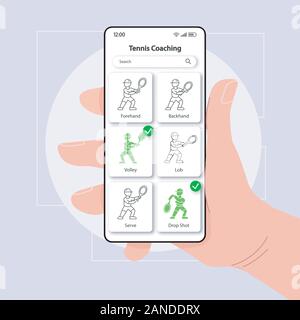 Coaching Tennis smartphone interface vector modèle. Page de l'application Mobile design couleur Mise en page. La technique de balle qui frappe l'écran. L'interface utilisateur pour l'application. Télévision Han Illustration de Vecteur