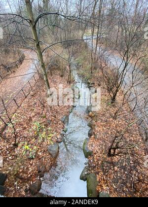 Regardant vers le bas sur un ruisseau, une partie de la voie d'eau, d'un pont dans la région de Prospect Park, Brooklyn, New York. Banque D'Images