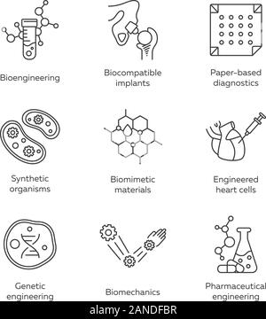 Linéaire de bioingénierie icons set. La biotechnologie. La biologie moléculaire, la recherche biomédicale et l'ingénierie moléculaire. Fine ligne contour des symboles. Vecteur isolé ou Illustration de Vecteur