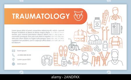 La traumatologie, la bannière web carte d'affaires modèle de scénario. Clinique de rhumatologie page contact avec téléphone, e-mail icônes linéaire. Présentation de traitement des blessures Illustration de Vecteur