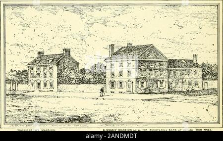 Philadelphie ; un guide, faite pour la commodité des gens qui s'intéressent à l'histoire de la ville et présenter les réalisations notables . Sur. Maison ILMOPUV U"TU 1 .•o -.... ?&gt ;. •• ? ?" "• • •-" ? Je "-""n •.""pi* sur la gauche, Seigneur Howes mansion pendant l'occupation britannique, au plus tard le PresidentWashingtons résidence. Sur la droite, la maison de Robert Morris, financierof la Révolution. Elles s'arrêtaient au coin de sixième et des rues (marché). 10 Banque D'Images