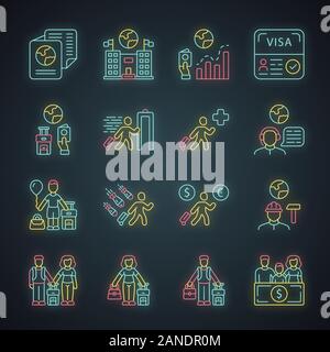L'immigration neon light icons set. Voyager à l'étranger. Contrôle de sécurité. La planification de voyage, maison de vacances locations organisation. Aider les réfugiés. Services et équipements. Glowing Illustration de Vecteur