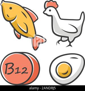 La vitamine B12 l'icône de couleur. Le poisson, la volaille et des oeufs. L'alimentation saine. La cobalamine alimentation naturelle. Une bonne nutrition. Minéraux, antioxydants. Vecto isolés Illustration de Vecteur