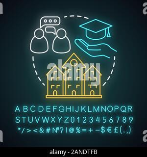 Camp étudiant neon light concept icône. Club d'éducation de l'été, idée de communauté. Organisation d'aide sociale. Signe éclatant avec l'alphabet, les chiffres et le symbole Illustration de Vecteur