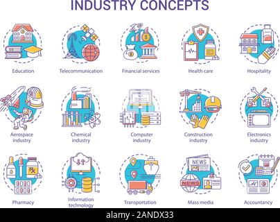 Concept de l'industrie icons set. Le développement de la technologie. Fournir des services, de la fabrication, de la recherche et de l'idée de développement ligne mince des illustrations. Vector isol Illustration de Vecteur