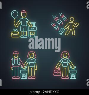 Les réfugiés neon light icons set. Couple, enfant de voyager à l'étranger avec valise. Touriste, voyageur. Voyage en famille, Vacances, tourisme. L'enfant, de la famille d'immigrants. G Illustration de Vecteur