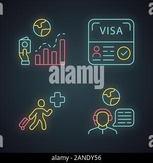 L'immigration neon light icons set. Taux de migration, démarrez à visa. Immigrant humanitaire, conseillère en voyages. Document touristique. Voyageant à l'étranger. Glowi Illustration de Vecteur
