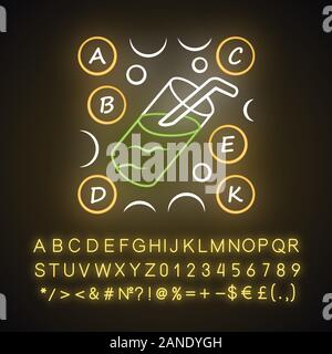Cocktail vitaminé neon light icône. A, B, C, D, E, K Vitamines. Multivitamines boire. Minéraux essentiels et d'antioxydants. Signe éclatant avec l'alphabet, les nombres Illustration de Vecteur