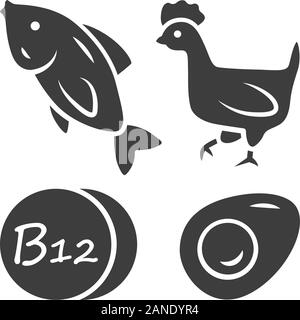 La vitamine B12 l'icône glyphe. Le poisson, la volaille et des oeufs. L'alimentation saine. La cobalamine alimentation naturelle. Une bonne nutrition. Minéraux, antioxydants. Silhouette sym Illustration de Vecteur