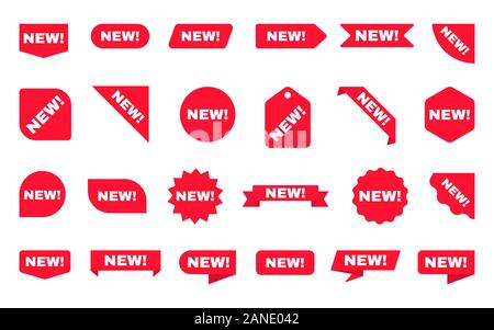 Nouvelle collection d'autocollants. Jeu de rubans de vente. Étiquettes de réduction rouge sur fond blanc. Étiquettes d'achat. Nouveau modèle d'arrivée avec affiches ou icônes rouges. Illustration de Vecteur