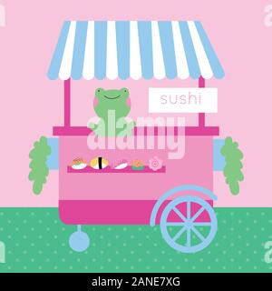 Cute kawaii sushi carte postale avec panier et de crapauds Illustration de Vecteur