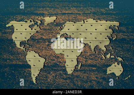 Carte du monde décrit environ avec remplissage en métal sur fond gris Banque D'Images