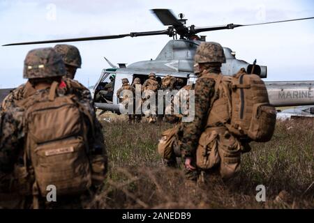 Les Marines américains avec 2e Bataillon, 4e Régiment de Marines, 1 Division de marines se lancer dans d'un UH-1Y Venom avec Marine attaque légère, 469 escadron d'avions Marine Group 39, 3rd Marine Aircraft Wing, pour l'extraction d'une zone d'atterrissage lors de l'exercice Venom tempête sur l'île San Clemente, Californie, le 15 janvier 2020. La tempête a démontré l'exercice Venom Venom's polyvalence en fournissant des options létales, s'opérant à partir de la mer ou la terre. C'est capacité à déployer rapidement de Ship-to-shore, l'appui des troupes au sol avec son propre feu d'appui organique et être armés et ravitaillés à sites temporaires est unmat Banque D'Images