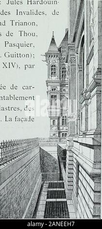 Le nouvel hôtel de ville de Paris, 1872-1900 . téintellectuelle de la vie de Paris : lArt, la science, Lindos-trie, etc. entre ces pendeloques souvrent des fenêtres pleincintre, séparées par une niche cintrée, qui abrite une statue.Sur un placé là les figures de : Jules Hardouin-Mansard, larchitecte du Dôme des Invalides, de la place des Victoires, du Grand Trianon,etc., (par M. Allouard) ; Jacques de TU, historien, (par M. Amy) ; Etienne Pasquier, jurisconsulte et historien, (par M. GuittonLe Nostre, le jardinier de Louis XIV), parM. MarceUin). Au-dessus dune frise décorée de car-touche de fruits Banque D'Images