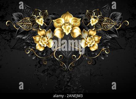 Motif symétrique noir et or bijoux orchidées avec des brindilles sur fond noir. Illustration de Vecteur