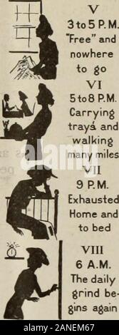 L'Enquête Octobre 1916-mars 1917 . dmercantile les établissements, tandis que 20 % travaillent douze heures par jour. Un smallnumber, 4  % sont employés, atnight. Un tiers n'ont pas un jour de repos dans sept, et la majorité ne sont pas admis des congés pour leurs repas, mais une fille,comme l'a dit, doit saisir toute em-comme vous le pouvez. Toutes les lois visant les femmes de strainleave toprotect industrielle la serveuse fort. Le restaurant n'est pas repaidfor sa lourde charge de travail par un salaire élevé.Bien que l'embarquement et tippingmake un règlement de comptes de l'échelle des salaires, la dif-ficile ligue des consommateurs sans estimatesthat Banque D'Images