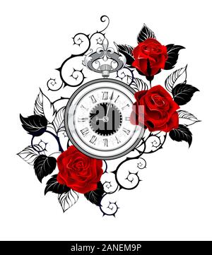 Contour, monochrome, d'horloges anciennes décorées avec des roses rouges avec contour noir feuilles et tiges. Style de tatouage. Illustration de Vecteur