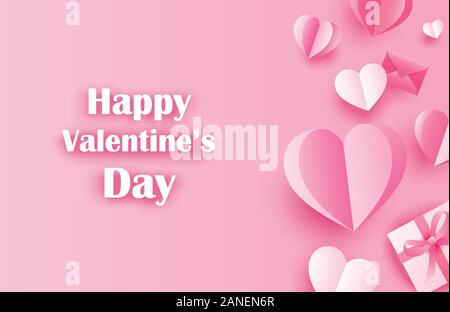 Happy valentines day Greeting cards avec coeurs de papier rose sur fond pastel. Illustration de Vecteur