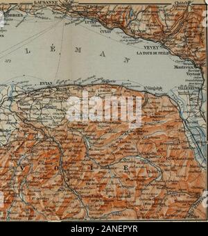 La Suisse et les parties adjacentes de l'Italie, la Savoie, et TyrolHandbook pour les voyageurs . U £. V ^ »^,j 1 v THOM^Iffi ff r&Lt ; A- v %^^^ ms I s-^ ^^^ ^^^^t ri jf 43 ^Nq& ?il ; .4 ^^l. Lac de Genève. IV. Route 66. 245 Clarens, Terriiet-Chillon Villetieuve Montreux-Vernex,,, Bovveret. L'ex-press-steamers quitte Genève (Quai du Montblanc) à 9 h et 1.40h touch uniquement à Nyon, Thonon et Evian sur la banque S., Ouchy, Vevey, Clarens, Montreux, Territet, Villeneuve, et Bouveret. - Severalsteamboats également entre le N. et S. banks (Nyon-Nernier, Nyon-Thonon, Evian-Ouchy). - Bon resta Banque D'Images