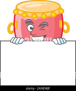Visage souriant tambour rouge chinois de style de caractère de dessin animé se cache derrière un conseil Illustration de Vecteur