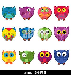 Ensemble de douze funny cartoon hiboux placés dans des formes ovales avec motif divers isolé sur le fond blanc, illustration sous forme d'icônes Illustration de Vecteur