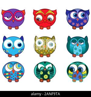 Ensemble de neuf cartoon mignon et drôle divers hiboux ovale isolé sur le fond blanc, le scénario décrit comme des icônes Illustration de Vecteur