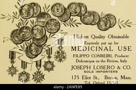 Annuaire médical du Grand Boston : 1913-1914 . MARK Reg. L'Office des brevets des États-Unis une solution saline laxative Effervescent pour la constipation, la dyspepsie, les rhumatismes, les troubles du foie et des reins ; l'uricacid de diathèse et métabolisme défectueux dans les émonctoires. Quand le sel dissous dans l'eau forme une solution d'theChlorides, sulfates, carbonates, phosphates tartrates et ofSodium, potassium et lithium. A. A. BURNHAM CO. : fabrication de chimistes - BOSTON, MASS. o^ L'HUILE D'OLIVE EXTRA VIERGE C. Plus haute qualité obtenue expressément mis en utilisation médicinale FILIPPO CONREIRI. ProducerDoicejkcqua sur la Riviera, Banque D'Images