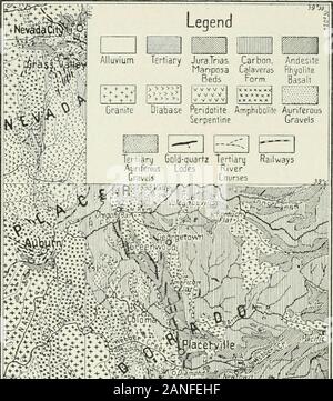 Les dépôts de minéraux utiles et les rochers ; leur origine, la forme et le contenu . d qui en partie ont été remplies de minerai d'or. Theformation des filons d'or dans la Sierra Nevada pour «certaine mesure peut donc être considérée comme la dernière phase de l'ère mésozoïque crustalrevolution dans cette région. Depuis cette époque, ces terres beendry momitains ont. Dans la dernière partie de la dernière version Tertiaryperiod ou du Néogène, éruption volcanique et plicature a commencé à nouveau, rhyolite et andesitebeing sous forme d'extrudés ces gigantesques masses de lave qui donnent à la SierraNevada leur configuration actuelle. Puisque selon Lindg Banque D'Images