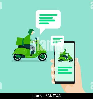 Hand holding smartphone avec les notifications de messages. Chat de l'utilisateur avec la prestation man riding scooter. Illustration de Vecteur